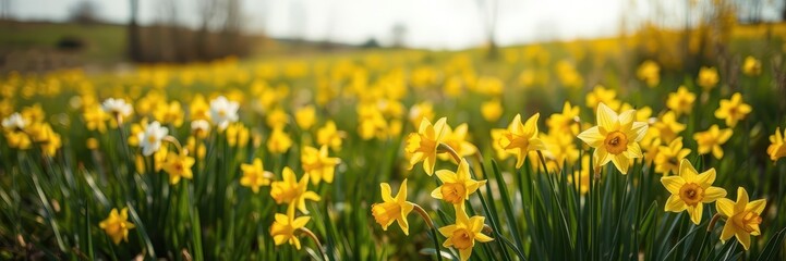 Obraz premium Vibrant yellow daffodil flowers blooming in a picturesque field under the bright sun, flora, beauty, nature