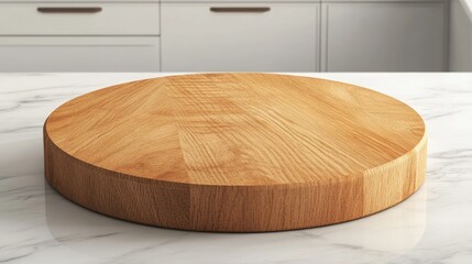 Wooden round cutting board on a marble countertop.