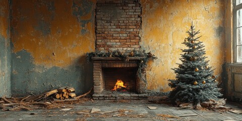 Abandoned Brick Fireplace Room, Realistic Holiday Scene with Artificial Tree
