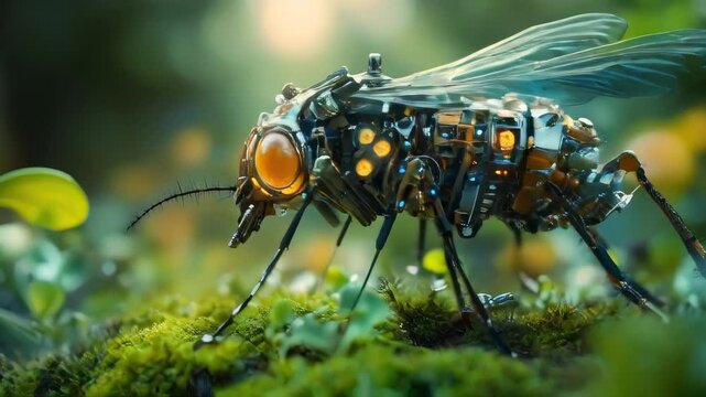 A robotic insect rests on moss, blending technology with nature. Ideal for science fiction, technology, and futuristic projects.. AI Generation
