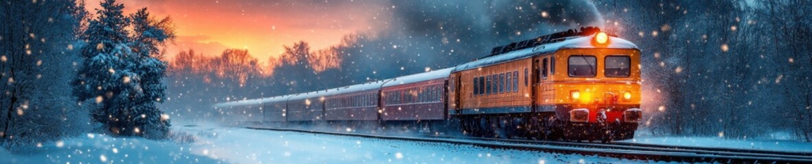 Winter Night Train Scene, Snowy Landscape with Christmas Tree, for Mood and Ambiance