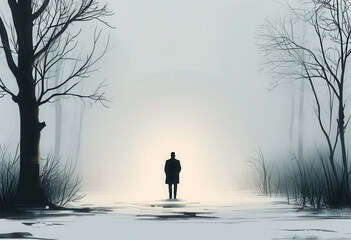 Fototapeta premium Mysterious figure stands alone in a foggy winter landscape at dusk