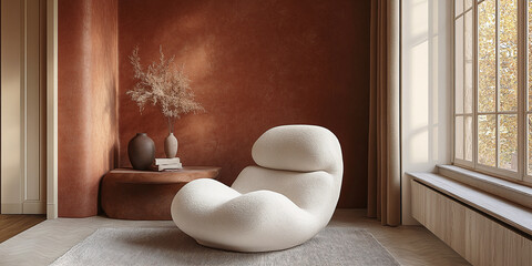 Soft cream and muted terracotta tones blend harmoniously, evoking the earthy warmth of clay and the inviting comfort of home.