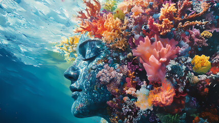 Underwater serendipity: a surreal encounter with a coral-adorned figure. Serendipity. Illustration