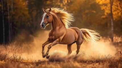 Obraz premium Majestic chestnut horse galloping in autumn sunset.