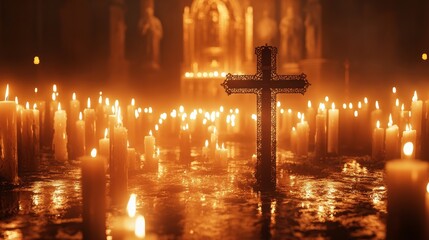 A serene cross surrounded by a circle of glowing candles, symbolizing hope, love, and deep remembrance