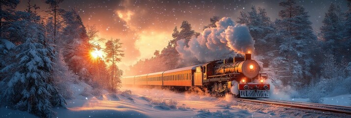 Snowy Night Train Scene, Warm-lit Winter Landscape with Forest for Tranquility and Transit Moments