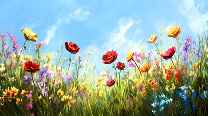 Obraz premium Vibrant wildflowers sway gently in the breeze, filling a sun-kissed meadow with an explosion of colorful blooms, perfect for capturing a serene summer moment. Serendipity. Illustration