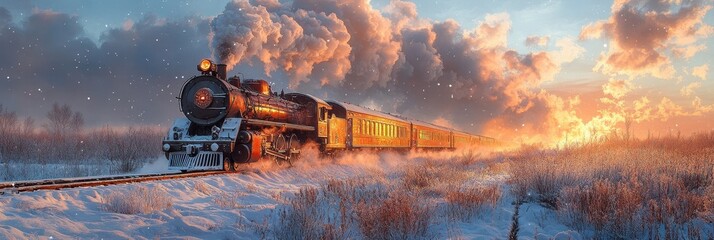 Winter Train Journey, Snowy Landscape against Sunset Backdrop, Mid-Motion