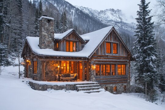 Cozy log cabin nestled in snowy mountain scenery during winter evening