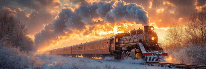 Steam Locomotive Traveling Through Snowy Landscape at Sunset/Sunrise, Classic Design with Smokestack