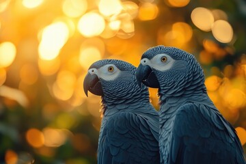 Obraz premium Two african grey parrots enjoying golden hour sunlight