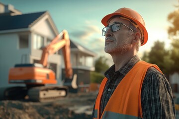 Confident construction owner at construction site with excavator.
