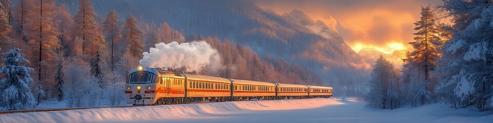 Vintage Steam Train Journey in Winter Scenic Landscape, Warm and Inviting Ambiance