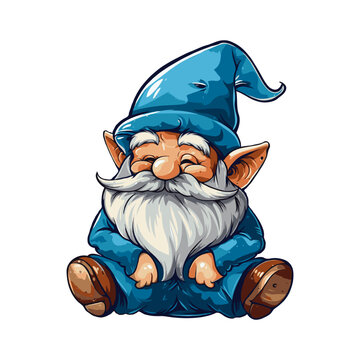 Adorable cartoon gnome with a white beard, blue outfit, and hat sitting on a white background. Concept of fantasy and whimsy