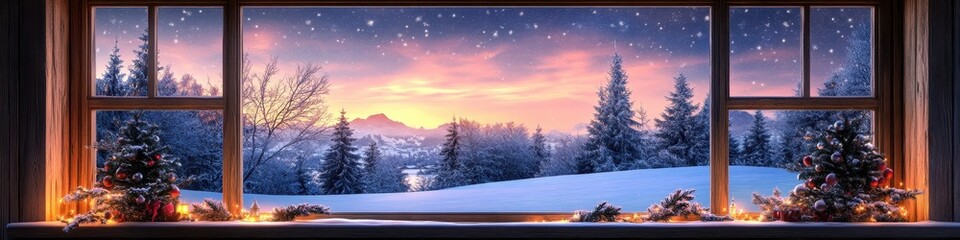Wintery Cabin Interior with Christmas Decorations, Showcasing a Beautiful Snow-covered Landscape through a Large Window