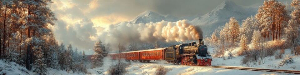 Winter Train Journey, Realistic Painting Technique in Snowy Landscape, Tranquil Scene for Winter Travel Stock