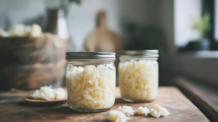 Jars of fermented vegetables probiotics for gut health on wood table, Generative Ai.