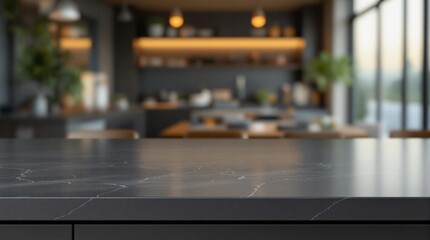 Sleek Kitchen Countertop with Blurred Contemporary Interior  
