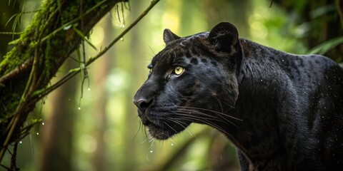 Portrait of a Majestic Black Panther in a Rain Forest