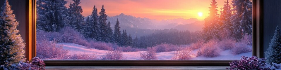 Winter Mountain Landscape with Rustic Doorway, Soft Pastel Tones for Serene Composition
