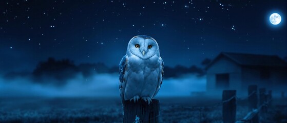 Barn Owl Perched on Fence Under Moonlit Sky with Misty Barn Backdrop  