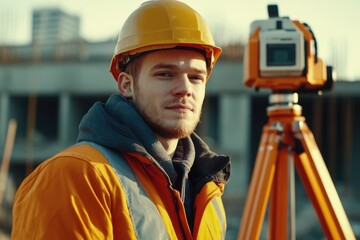 Caucasian engineer using theodolite on construction site.