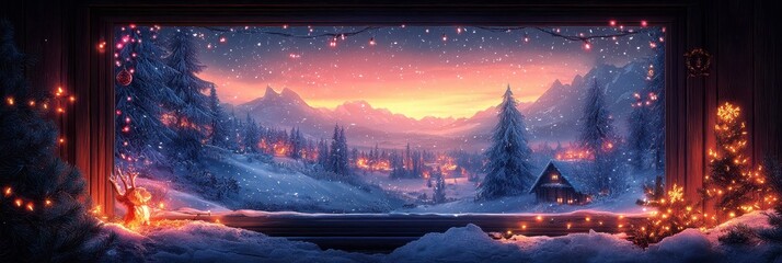 Cozy Winter banner, Festive Christmas Decorations, Wooden Fireplace, Starry Night Landscape, Inviting Focal Point, Hearth Theme, Home Decor, Holiday Setting, Warm Comfort, Tranquil Cheer