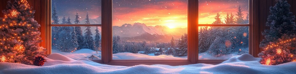 Cozy Christmas Interior, Snowy Landscape View from Open Window, Soft Sunrise/Sunset Sky