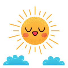 Sun with clouds. Children's illustration. Children's Books. Hand drawn doodle style. Vector illustration. Hand drawn sun and clouds. Kid cute doodle set. Blue clouds. Smiling sun. Nature. Weather.