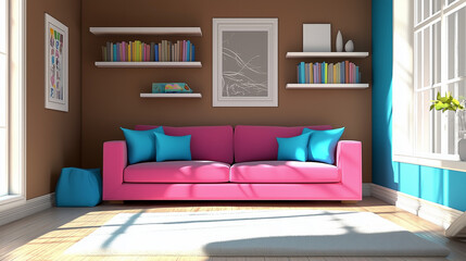 Bright living room with a pink sofa, blue pillows, and floating bookshelves in natural light