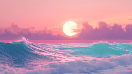 Serene sunset over ocean waves, painted in soft pink and turquoise hues, creating a tranquil atmosphere. Serendipity. Illustration