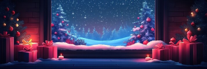 Christmas Decorations Scene, Realistic and Cinematic, Set Against Night Sky, Perfect for Holiday Campaigns