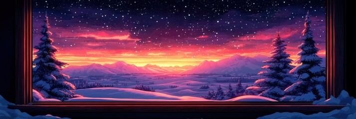 Winter Night Scene Digital Illustration, Window Frame, Snowy Landscape, Starry Sky, Mountainous Background, Christmas Tree and Lights