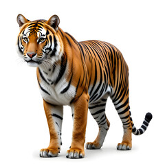 Obraz premium Tiger isolated on a white background, Side view, tiger standing full HD image generated by Ai. full body, realistic, full detail looking at the camera.