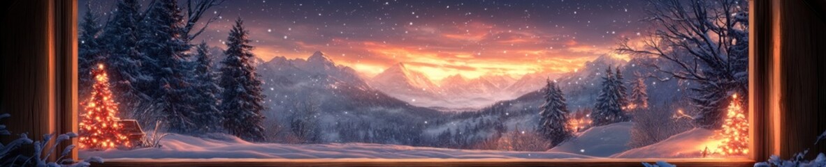 Winter Night banner, Large Arched Wooden Door with Symmetrical Windows, Snowy Landscape, Interior Lighting