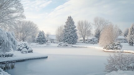 Serene Winter Wonderland, a tranquil snowy landscape adorned with decorated trees and a glistening frozen pond, capturing the enchanting essence of the winter season.