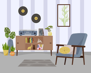 Living room furniture. Cozy interior. Armchair with pillows, cabinet with record player and records. Flat style. Vector 