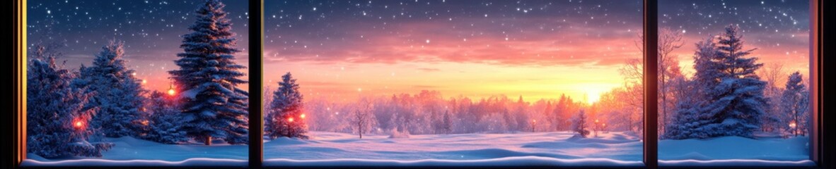 Winter Landscape Through Large Window, Cozy Interior Scene, Pink & Orange Sky at Dusk