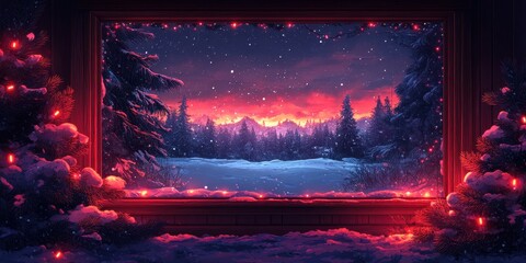 Winter Night banner with Festive Holiday Lighting, Showcasing Cozy Interior through a Framed Window in Snowy Forest, Illuminated by Soft Red and Pink Hues for Seasonal Decorations or Greeting Cards