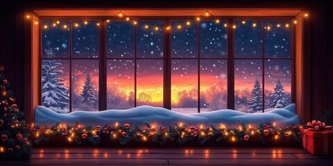 Cozy Winter Cabin Interior with Christmas Decorations, Starry Night View