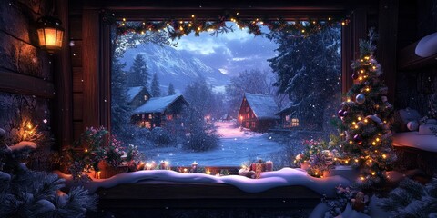 Winter Holiday Rustic Cabin Scene, Cozy Christmas Decorations on Snowy Landscape for Festive Retreat