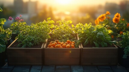 Fototapeta premium Vibrant Urban Garden at Sunset with Fresh Vegetables, Bright Orange Fruits, and Colorful Flowers in Wooden Planters Surrounded by a Soft Glow of Evening Light
