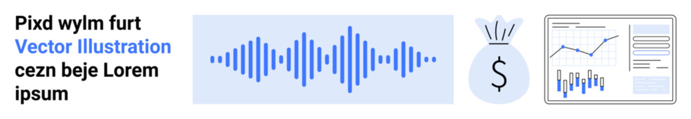 Sound wave visualization, money bag with dollar symbol, stock charts, and text. Ideal for financial analytics, audio analysis, stock market, earnings, investment, data visualization, business