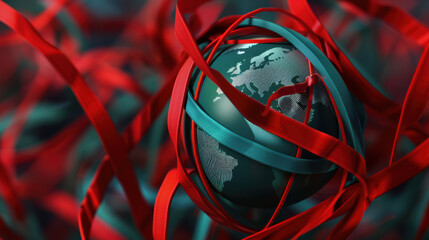 globe suspended in web of red tape symbolizes global challenges and complexities. intricate design highlights struggle for clarity in tangled world