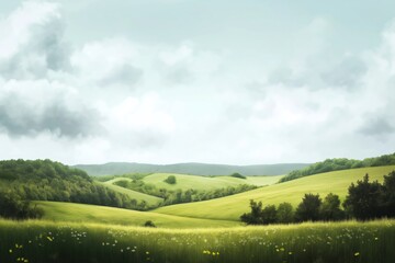 Obraz premium Scenic landscape featuring vibrant green rolling hills, lush grass fields, and a cloudy sky, creating a serene and picturesque countryside view