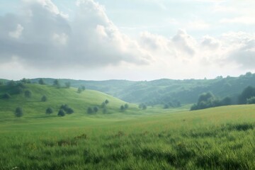 Fototapeta premium Green grass covers rolling hills dotted with trees, under a blue sky with fluffy white clouds, creating a peaceful countryside landscape