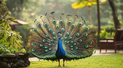 Obraz premium Majestic peacock displaying vibrant plumage in lush garden.