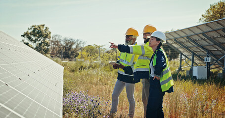Technician, team and pointing with solar panel for photovoltaic, PV installation or renewable...