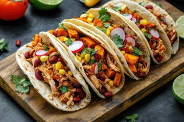 Pitacos Mexican tacos in pita with spicy pulled chicken kidney beans corn radish red pepper roasted sweet potatoes and lime served on wood